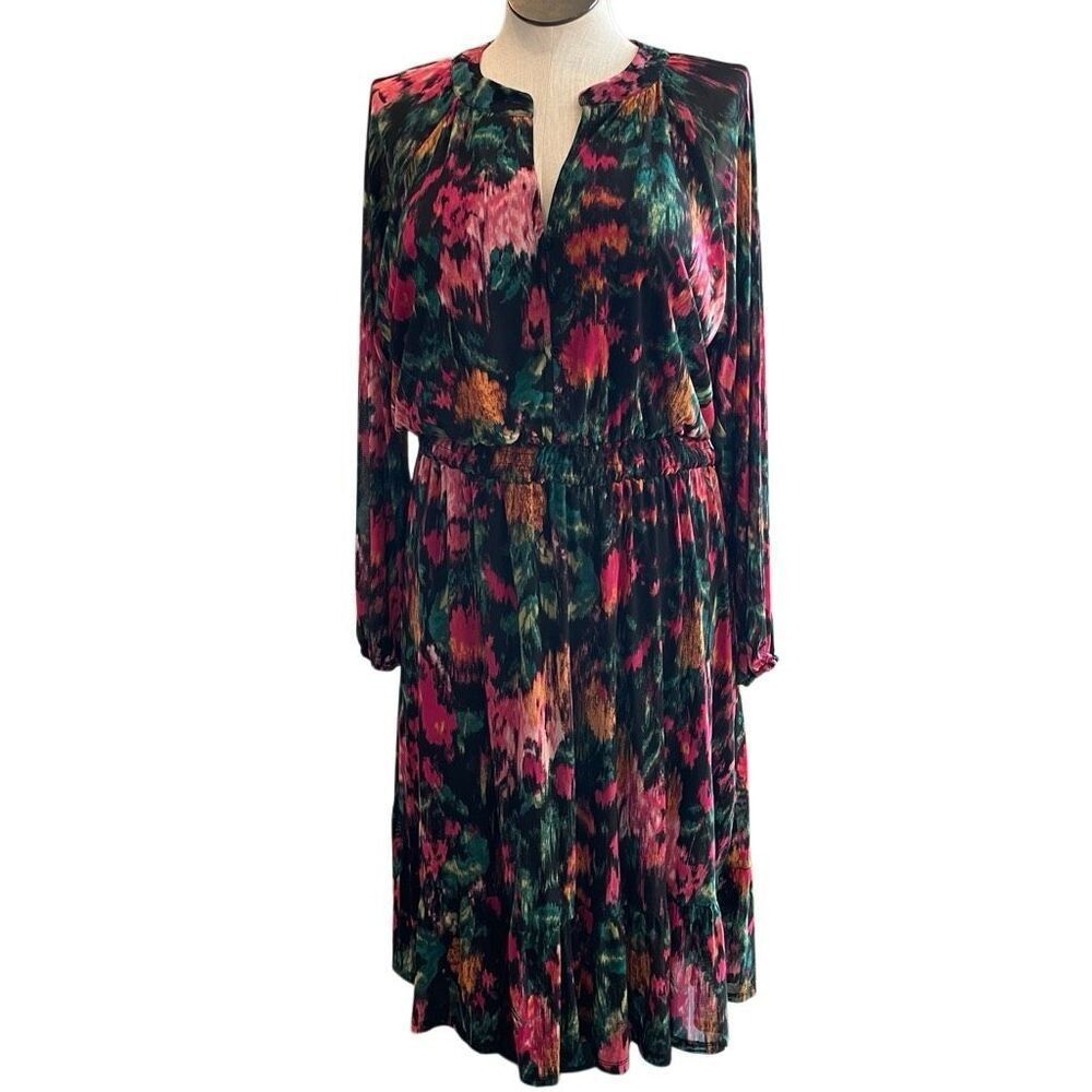 Womens Abstract Floral Mesh Floral Midi Dress 3X Smocked Waist Bishop Sleeve
